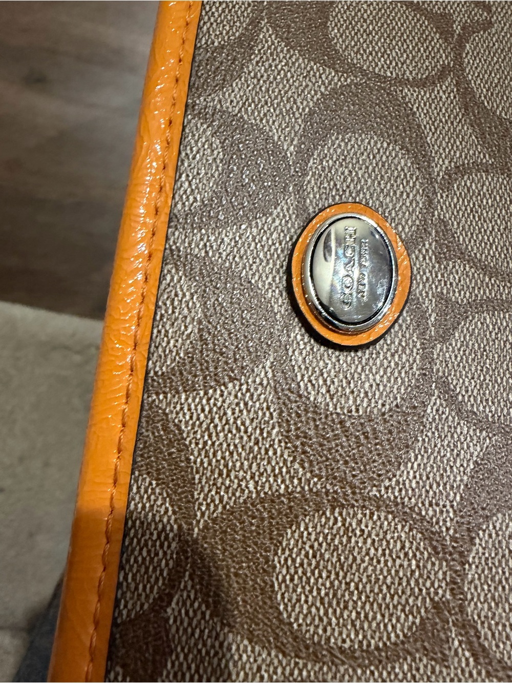 Coach Signature Canvas Zip Top Tote Bag Khaki Orange Leather Trim - Picture 13 of 13